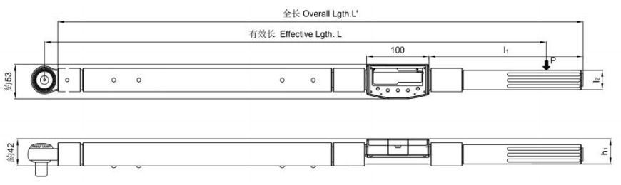 500-800N.m双视窗数显扭力扳手外形尺寸图