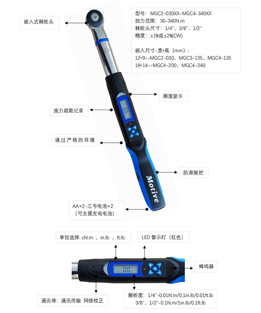 MGC系列数显可换头棘轮头扭力扳手各部位名称及功能